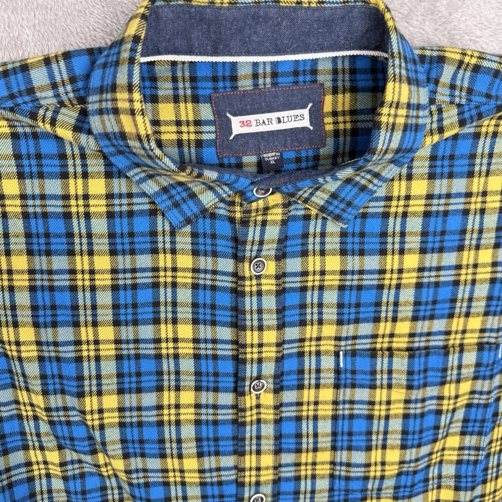 32‎ Bar Blues Button Up Shirt Mens XL Blue Yellow Plaid Midweight Flannel NWOT